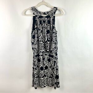 WHBM Halter Dress Black & White Fleur De Lis Blousy Lined Top Elastic Waist SZ 4